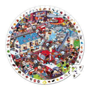 Janod Detské okrúhle puzzle s hrou Požiarnici v kufríku 208 ks