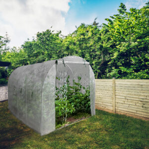 Greenhouse in a garden with trees behind